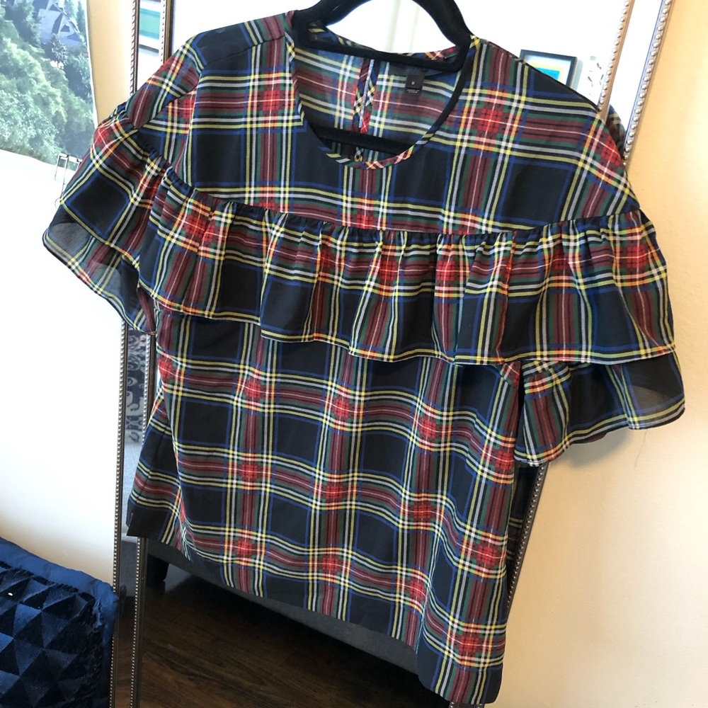JCrew plaid ruffle short sleeve blouse